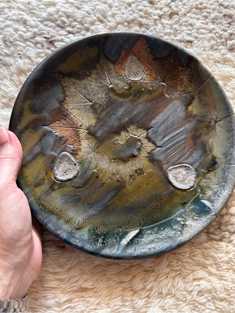 PAIR OF NEVER USED SAGGAR FIRED LUNCH/DESSERT PLATES BY CERAMICIST ERIC BOTBYL